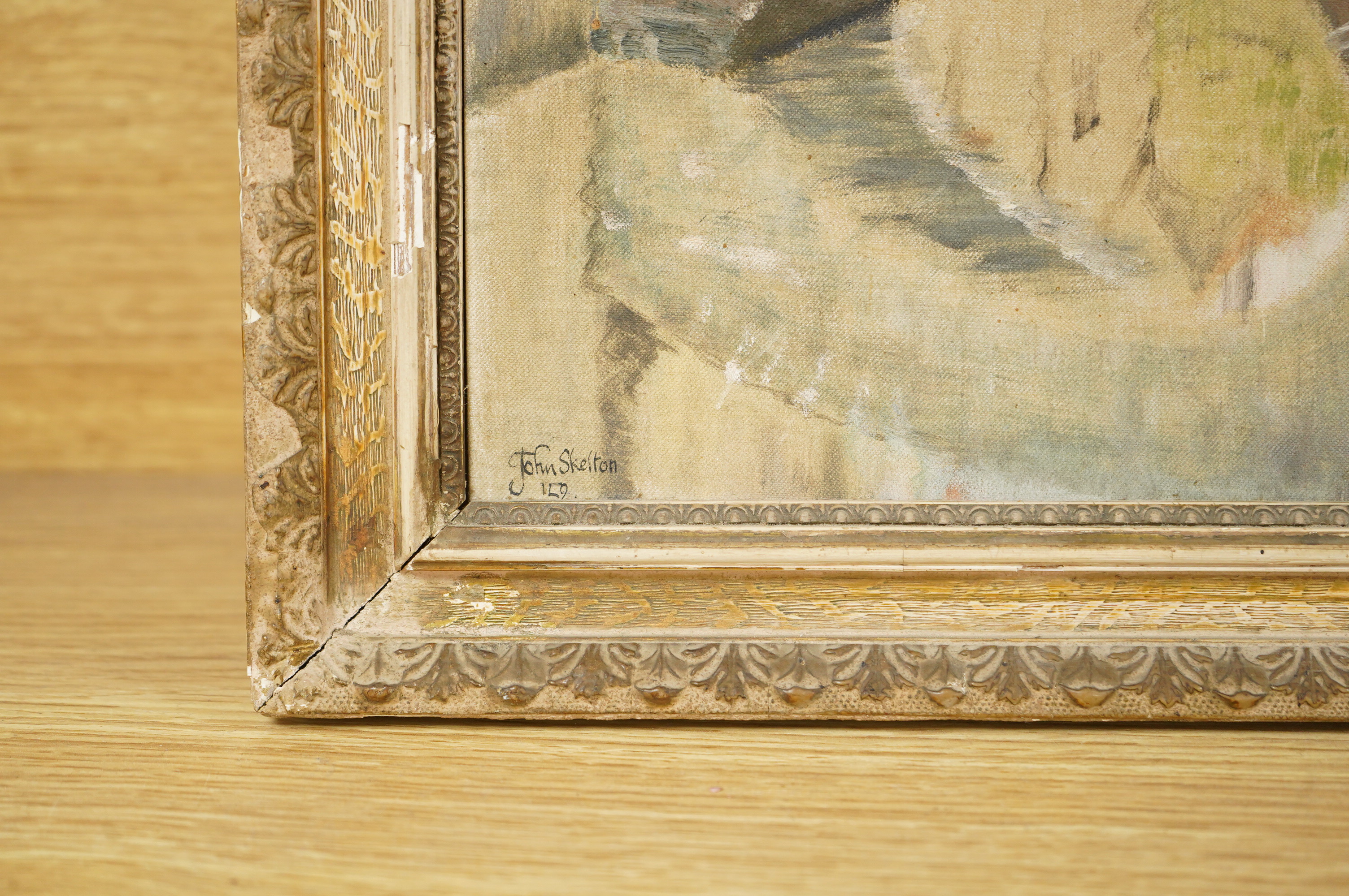 John Skelton (1925-2009), ‘Pont Du Cheval, Bruges’, signed and dated '59, oil on canvas-board, 28 x 24cm